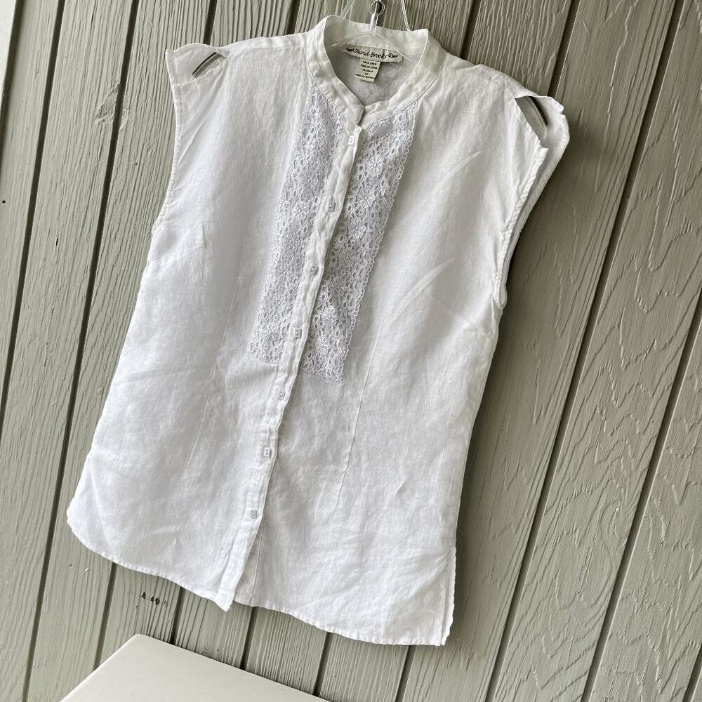 David Brooks Linen Sleeveless Top | Lace Detail, Side Slits, SZ M